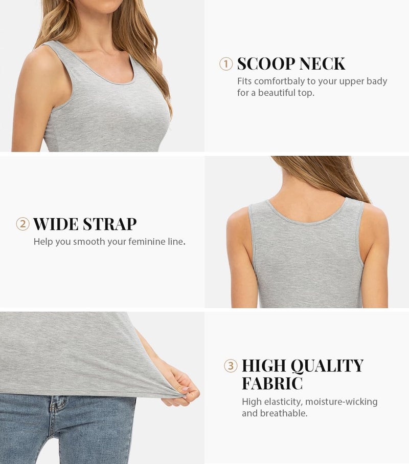 Rosyline 4 Piece Women Tank Tops Basic Sleeveless Undershirt Layering Tanks Black/White/Black/Grey XL - Image 3